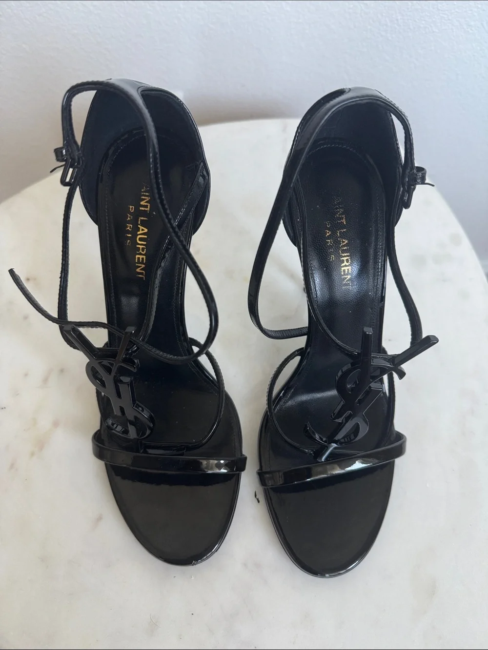 Saint Laurent Black Patent Leather Logo Strap High-Heel Sandals - Picture 5 of 9